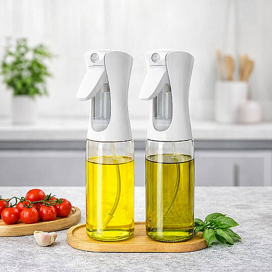 2li Bambu Altlıklı Sprey Cam Yağdanlık - Airfryer Yağlık Fritöz Yağ Püskürtücü Beyaz 300 ml