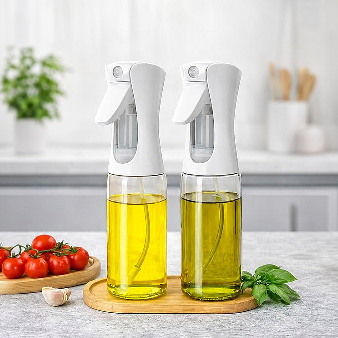 2li Bambu Altlıklı Sprey Cam Yağdanlık - Airfryer Yağlık Fritöz Yağ Püskürtücü Beyaz 300 ml - 1