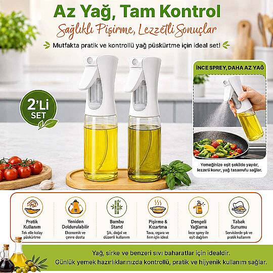 2li Bambu Altlıklı Sprey Cam Yağdanlık - Airfryer Yağlık Fritöz Yağ Püskürtücü Beyaz 300 ml - 2