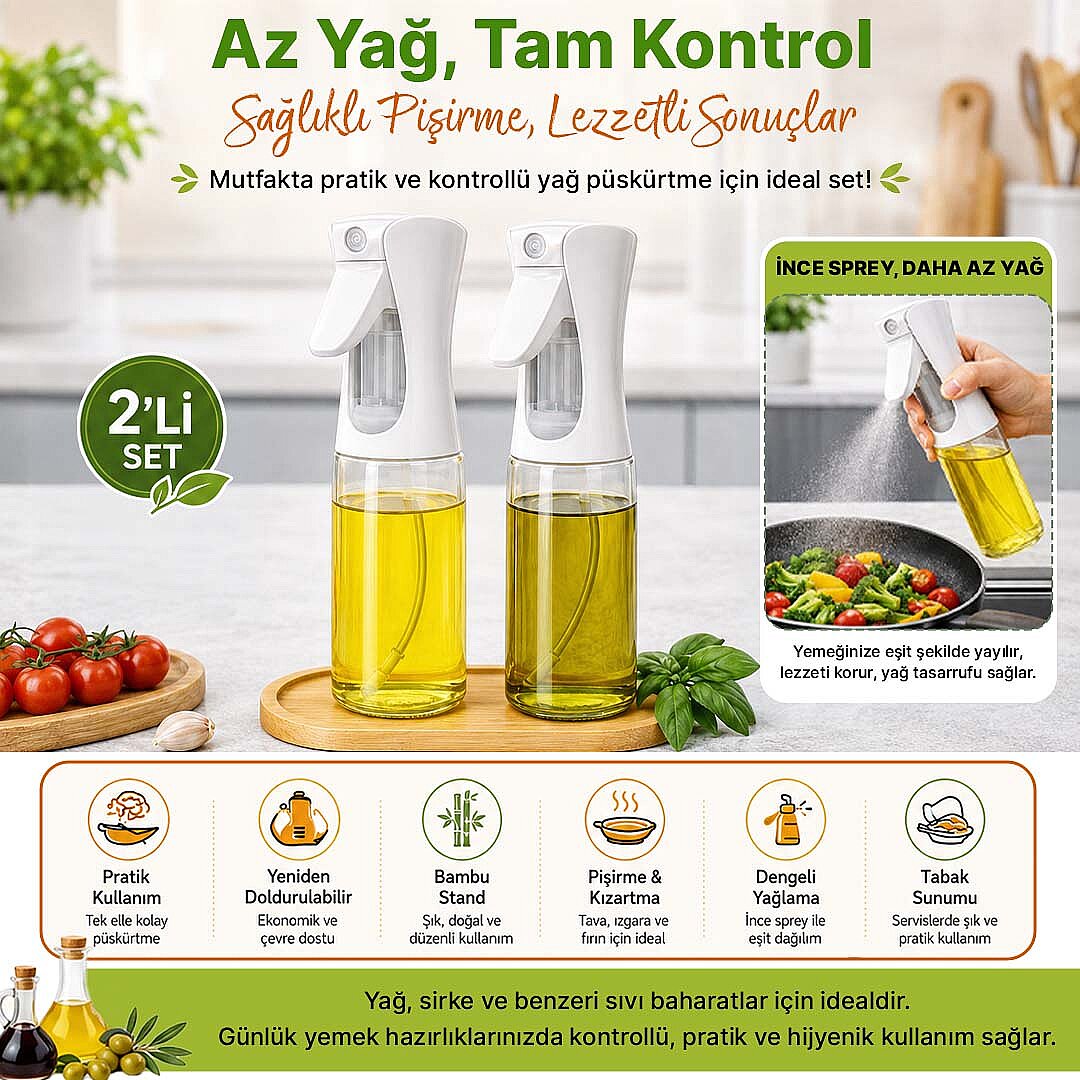 2li Bambu Altlıklı Sprey Cam Yağdanlık - Airfryer Yağlık Fritöz Yağ Püskürtücü Beyaz 300 ml - 2