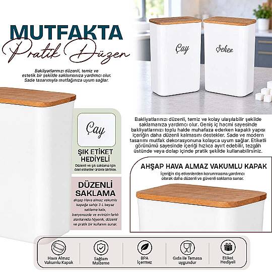 2'li 3 Lt Beyaz Akrilik Çay Şeker Saklama Kabı – Ahşap Vakum Kapaklı Etiketli Erzak Kutusu Seti - 2