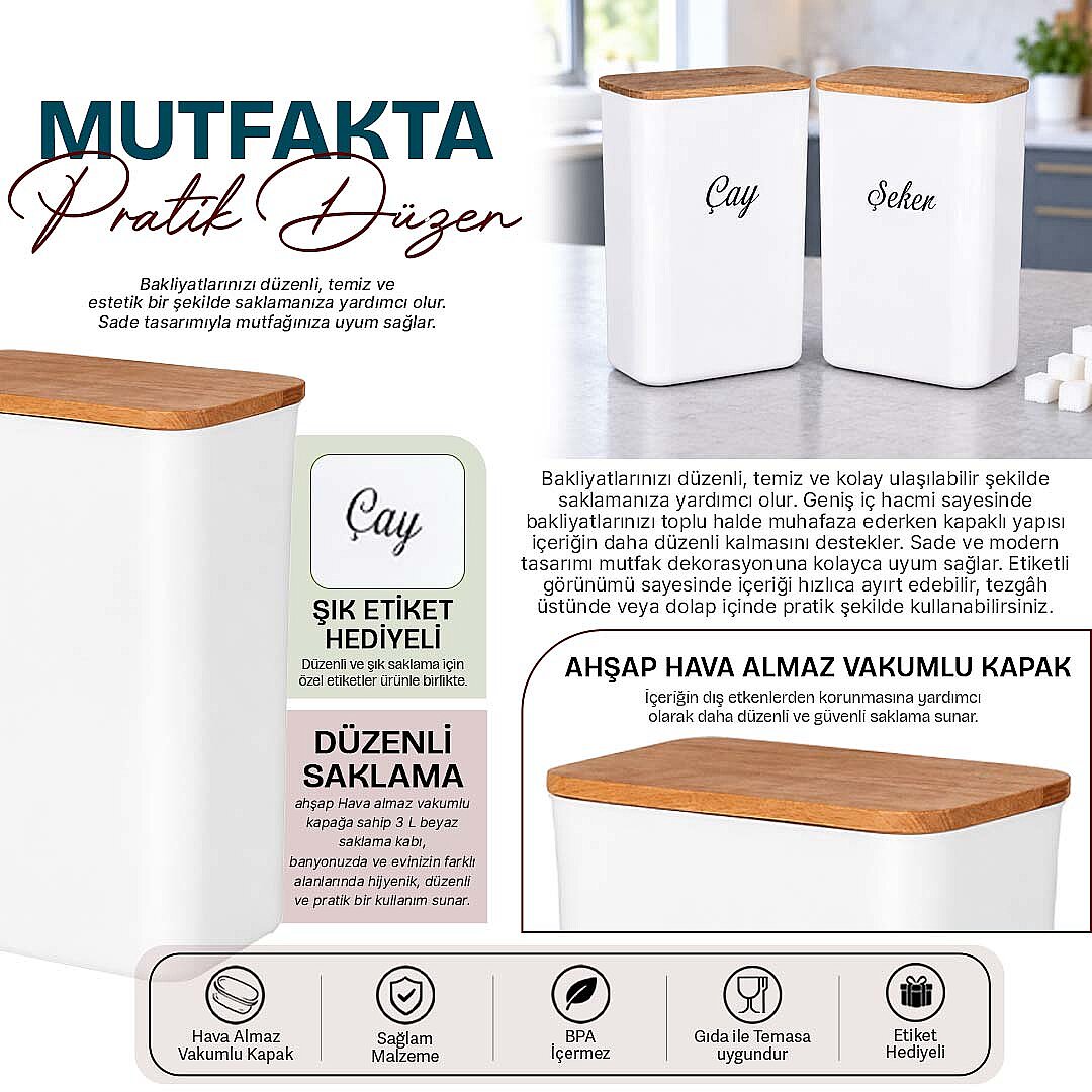 2'li 3 Lt Beyaz Akrilik Çay Şeker Saklama Kabı – Ahşap Vakum Kapaklı Etiketli Erzak Kutusu Seti - 2