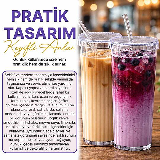 2li Cam Pipetli Kahve & Milkshake Bardağı - Şeffaf Mika Smoothie Soğuk İçecek Bardağı - 2