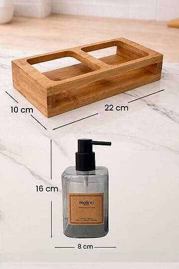 2li Cam Sıvı Sabunluk Seti - Dekoratif Ahşap Standlı Banyo & Mutfak Düzenleyici Sabunluk - 4