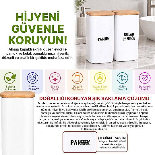 2'li Porselen Görünümlü Akrilik Pamukluk Seti – Doğal Ahşap Vakum Kapaklı Pamuk ve Kulak Pamuğu Saklama Kabı - 2
