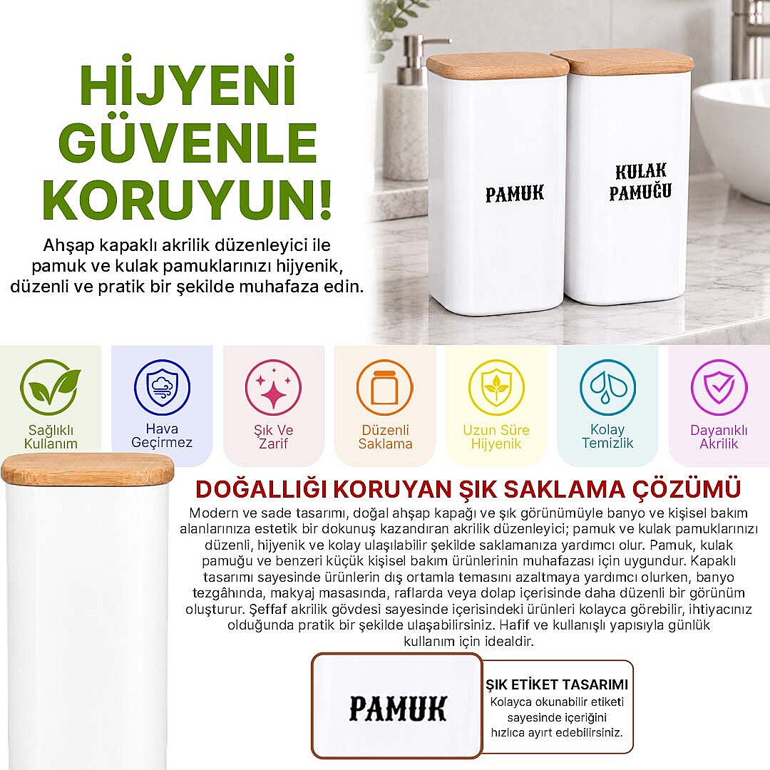 2'li Porselen Görünümlü Akrilik Pamukluk Seti – Doğal Ahşap Vakum Kapaklı Pamuk ve Kulak Pamuğu Saklama Kabı - 2