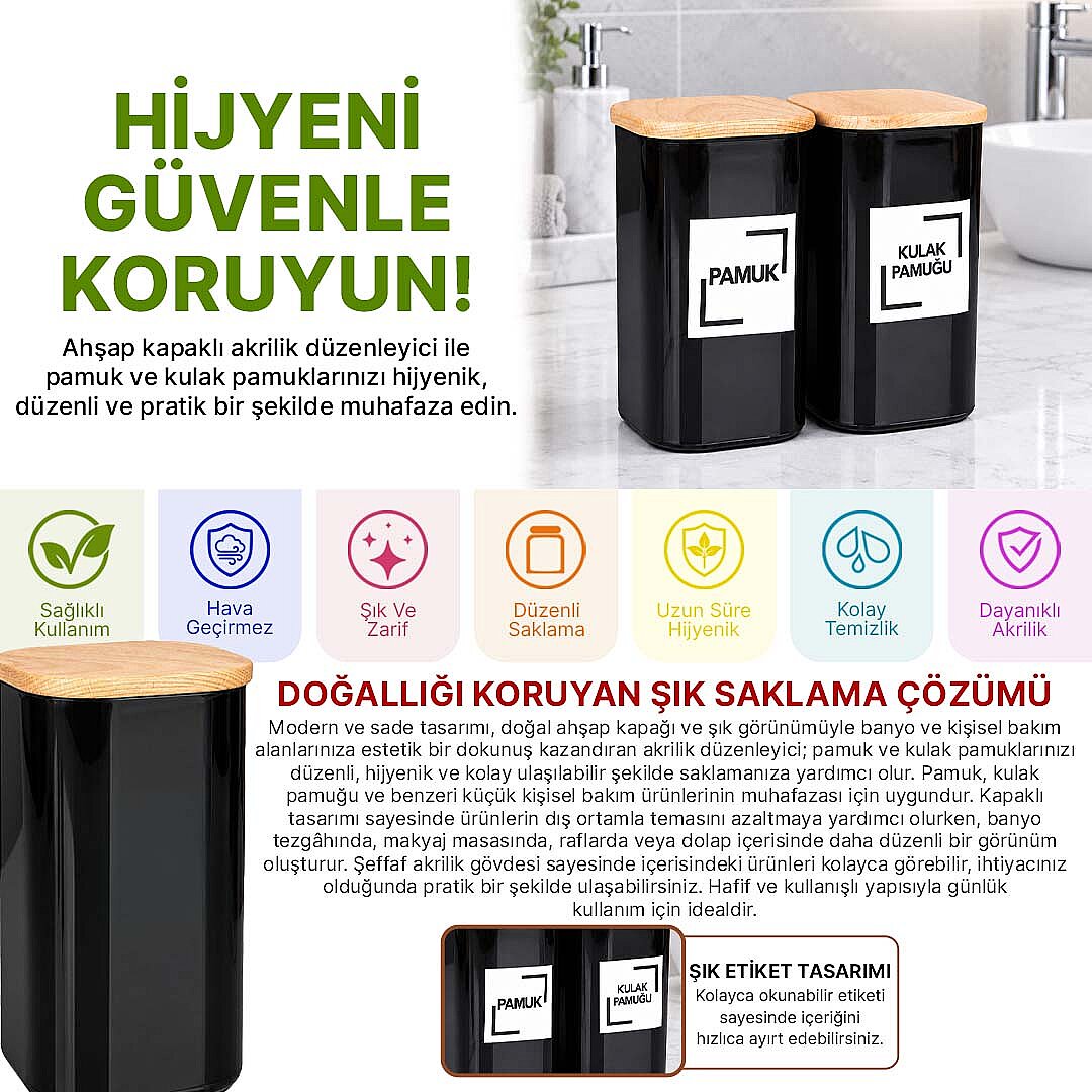 2'li Siyah Akrilik Pamukluk Seti – Doğal Ahşap Vakum Kapaklı Pamuk ve Kulak Pamuğu Saklama Kabı - 2