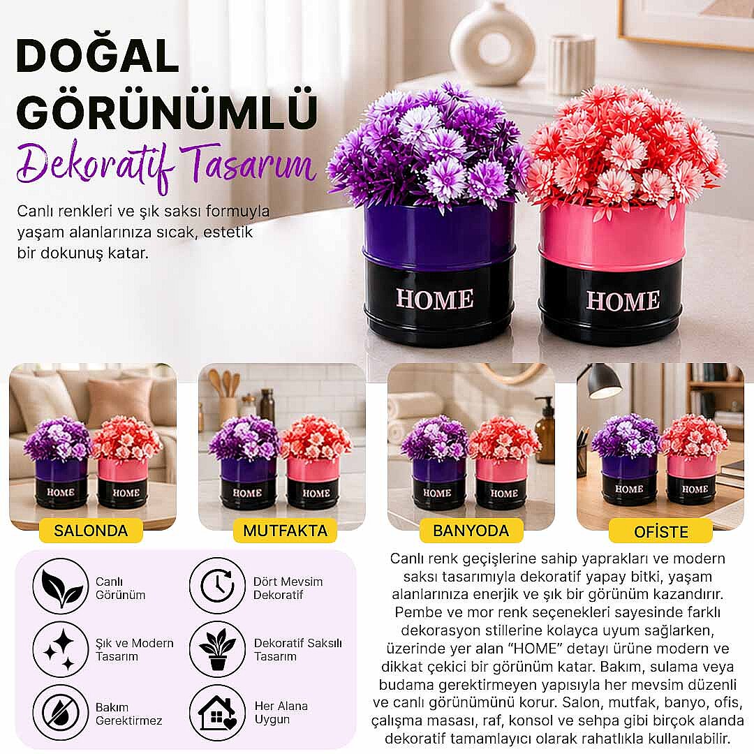 2li Fiora Dekoratif Yapay Çiçek Seti - Home Saksılı Balkon Salon Mutfak Ofis Dekor Çiçeği - 2