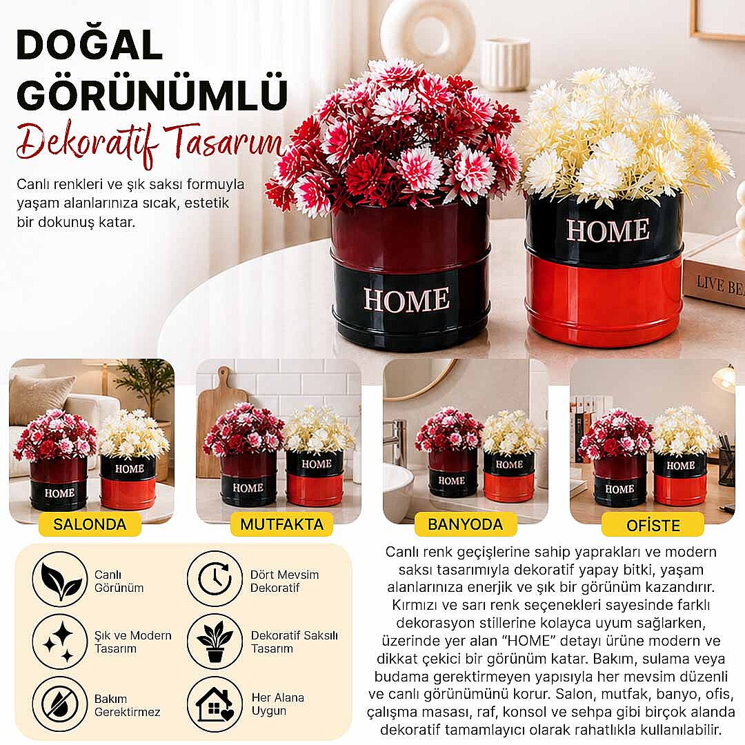 2li Fiora Dekoratif Yapay Çiçek Seti - Home Saksılı Balkon Salon Mutfak Ofis Dekor Çiçeği - 2