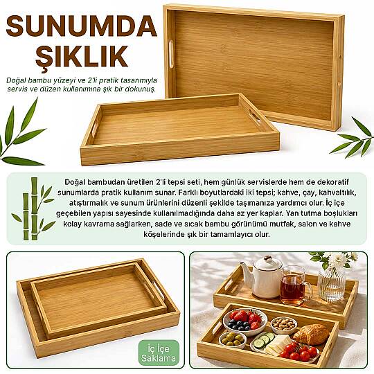 2'li Lüks Bambu Sunum Tepsisi Seti – Çay Kahve Kahvaltı İkram ve Servis Tepsisi - 2