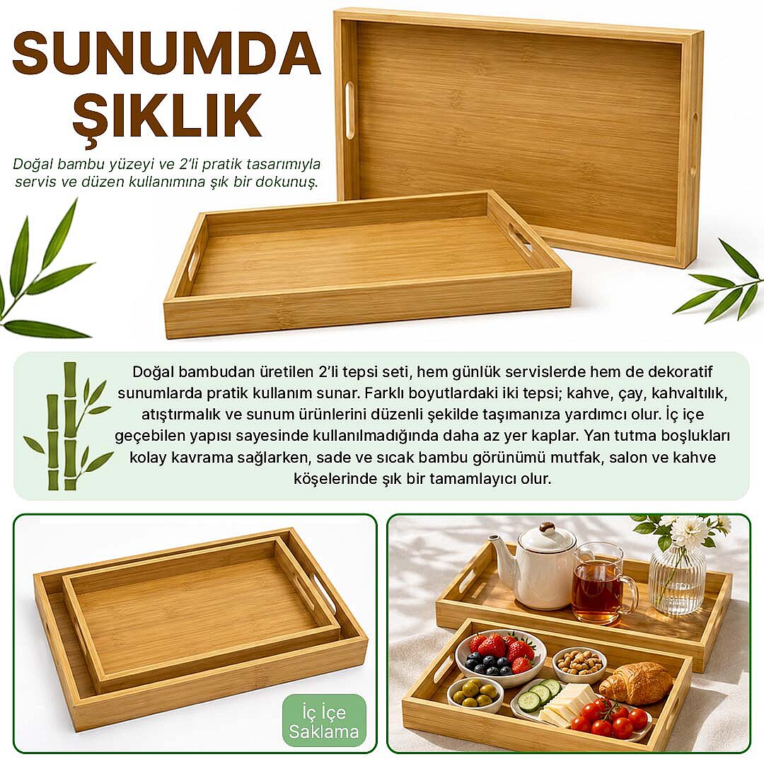 2'li Lüks Bambu Sunum Tepsisi Seti – Çay Kahve Kahvaltı İkram ve Servis Tepsisi - 2