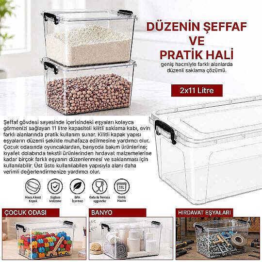 2li Set 11 Lt Kilitli Un Bakliyat Erzak Saklama Kabı Çok Amaçlı Düzenleyici Oyuncak Deterjan Kutusu - 2