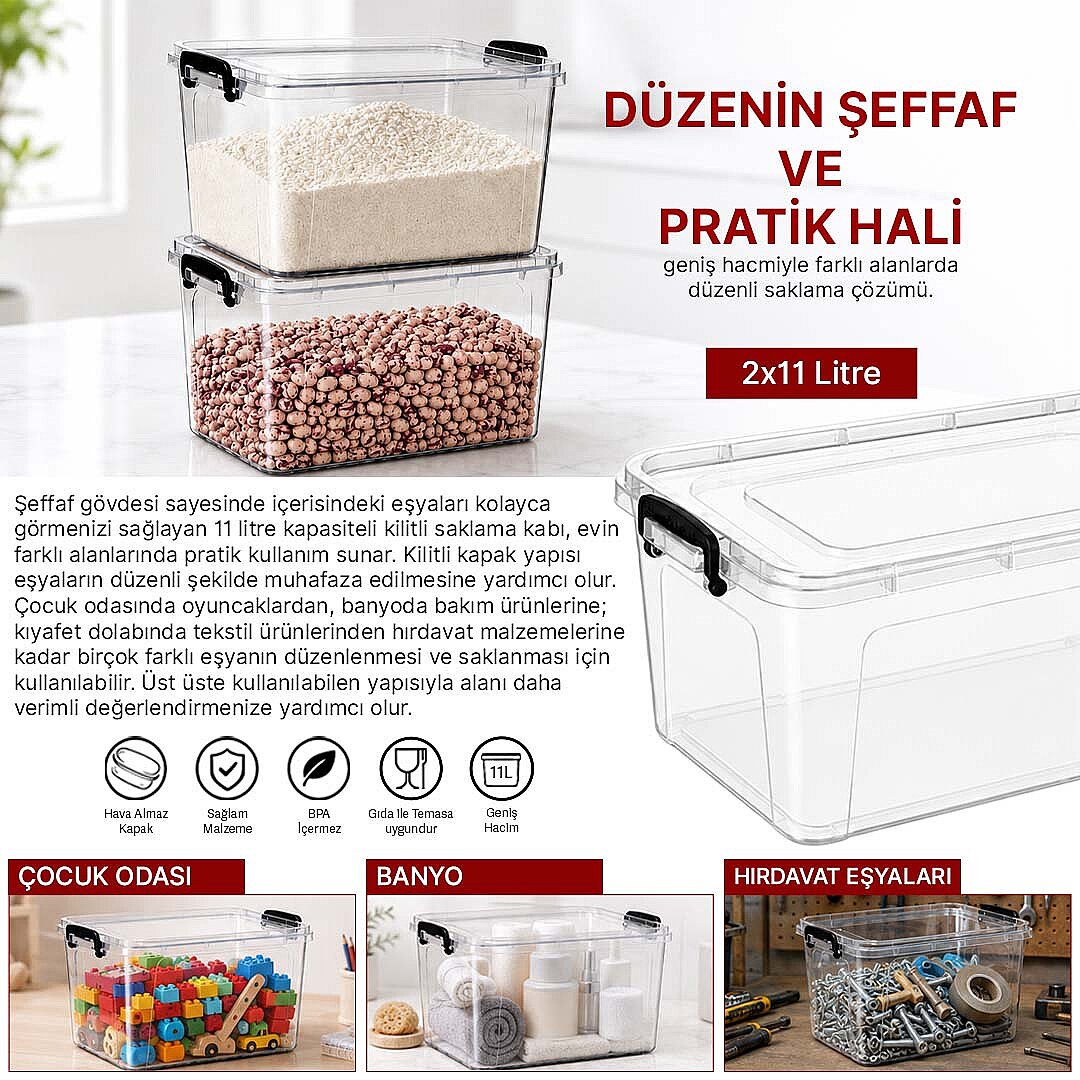 2li Set 11 Lt Kilitli Un Bakliyat Erzak Saklama Kabı Çok Amaçlı Düzenleyici Oyuncak Deterjan Kutusu - 2