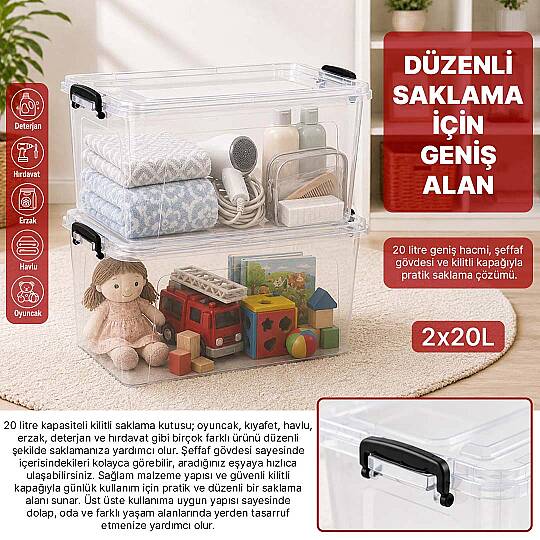 2li Set 20 Lt Kilitli Saklama Kutusu Çok Amaçlı Düzenleyici Kiler Erzak Hırdavat Oyuncak Organizer - 2