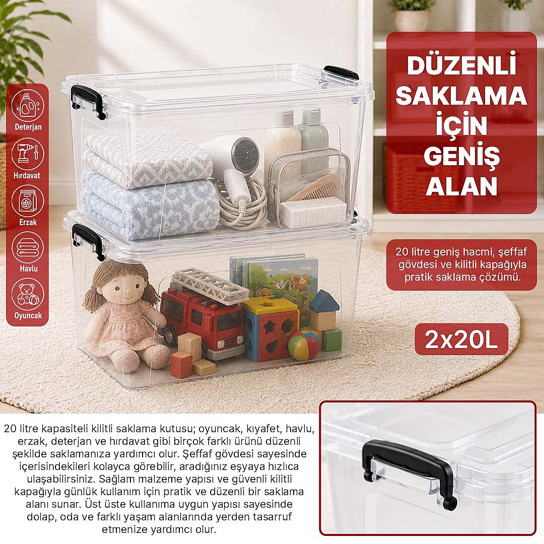 2li Set 20 Lt Kilitli Saklama Kutusu Çok Amaçlı Düzenleyici Kiler Erzak Hırdavat Oyuncak Organizer - 2