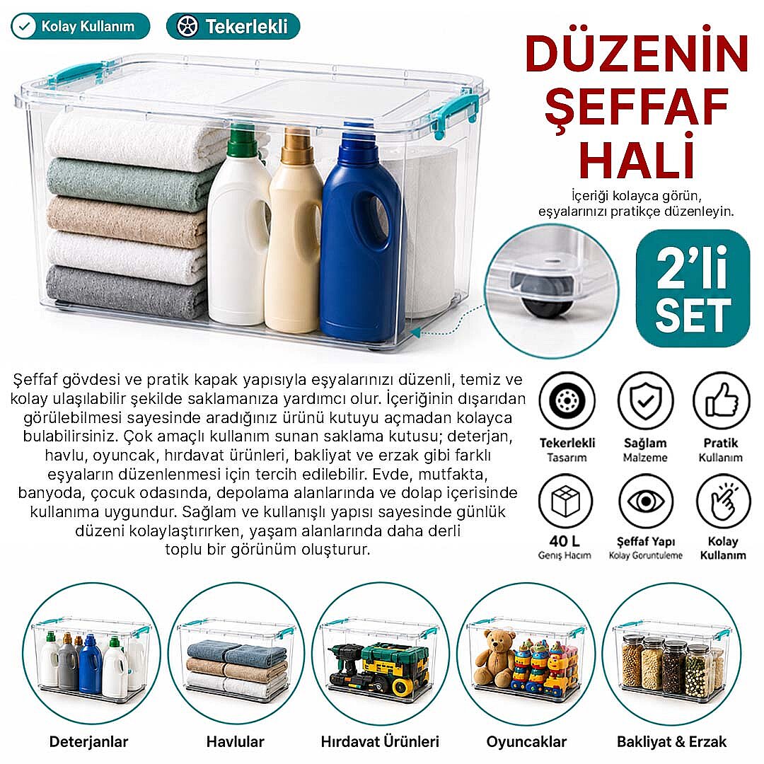 2li Set 40 Lt Tekerlekli Kilitli Saklama Kutusu Çok Amaçlı Düzenleyici Hırdavat Oyuncak Erzak Kabı - 2