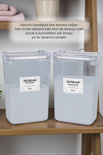 2'li 3 Litre Vakum Kapaklı Toz Deterjan Kutusu – Beyazlar Renkliler Etiketli Deterjan Saklama Kabı