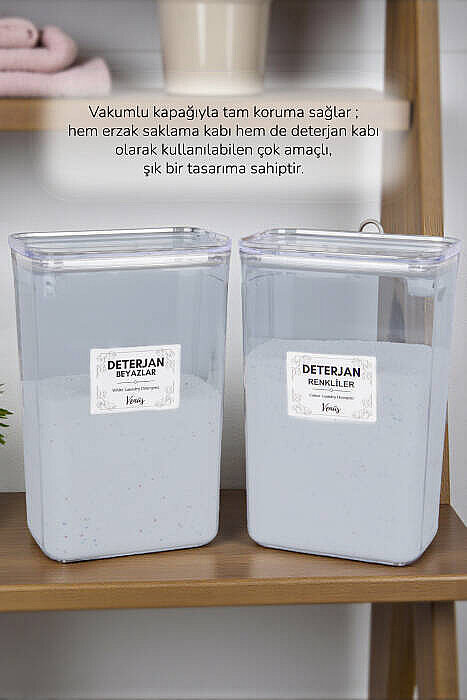 2'li 3 Litre Vakum Kapaklı Toz Deterjan Kutusu – Beyazlar Renkliler Etiketli Deterjan Saklama Kabı - 1