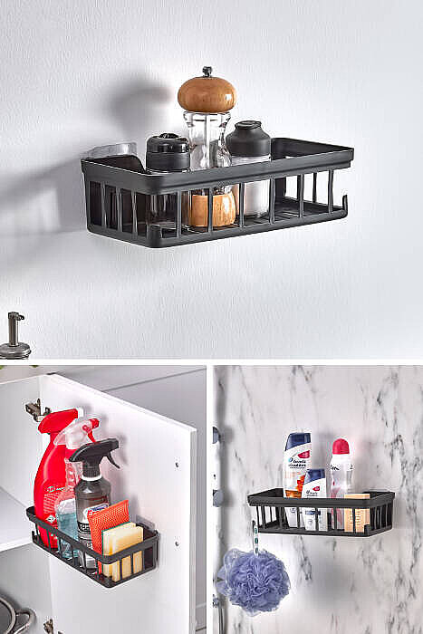 2li Yapışkanlı Şampuanlık - Banyo & Duş Düzenleyici Banyo Rafı - Sabunluk Organizer Antrasit - 2
