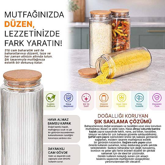 3'lü 1500 ml Cam Erzak Kavanozu Seti – Ahşap Vakum Kapaklı Bakliyat Kuru Gıda Saklama Kabı - 2