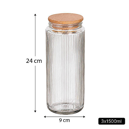 3'lü 1500 ml Cam Erzak Kavanozu Seti – Ahşap Vakum Kapaklı Bakliyat Kuru Gıda Saklama Kabı - 3