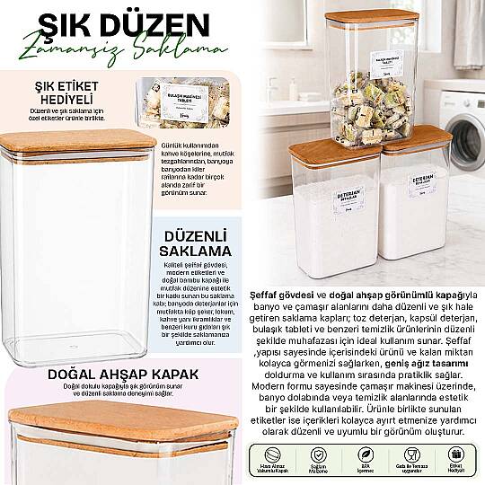 3'lü 3 Litre Ahşap Vakum Kapaklı Deterjan Kutusu – Tablet Beyazlar Renkliler Etiketli Saklama Kabı Seti - 2