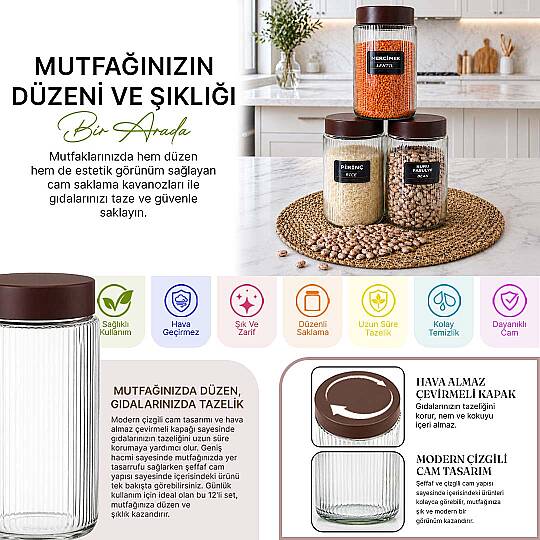 3'lü 1000 ml Hava Almaz Kapaklı Cam Erzak Kavanozu Seti – Un Bakliyat Kuru Gıda Saklama Kabı - 2