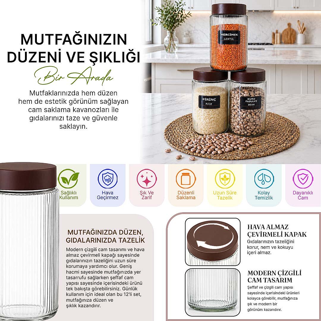 3'lü 1000 ml Hava Almaz Kapaklı Cam Erzak Kavanozu Seti – Un Bakliyat Kuru Gıda Saklama Kabı - 2