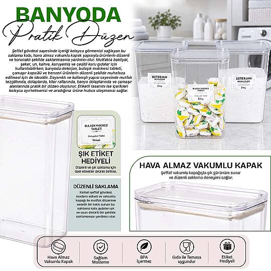 3'lü 3 Litre Vakum Kapaklı Deterjan Kutusu – Tablet Toz Deterjan Beyazlar Renkliler Etiketli Saklama Kabı - 2