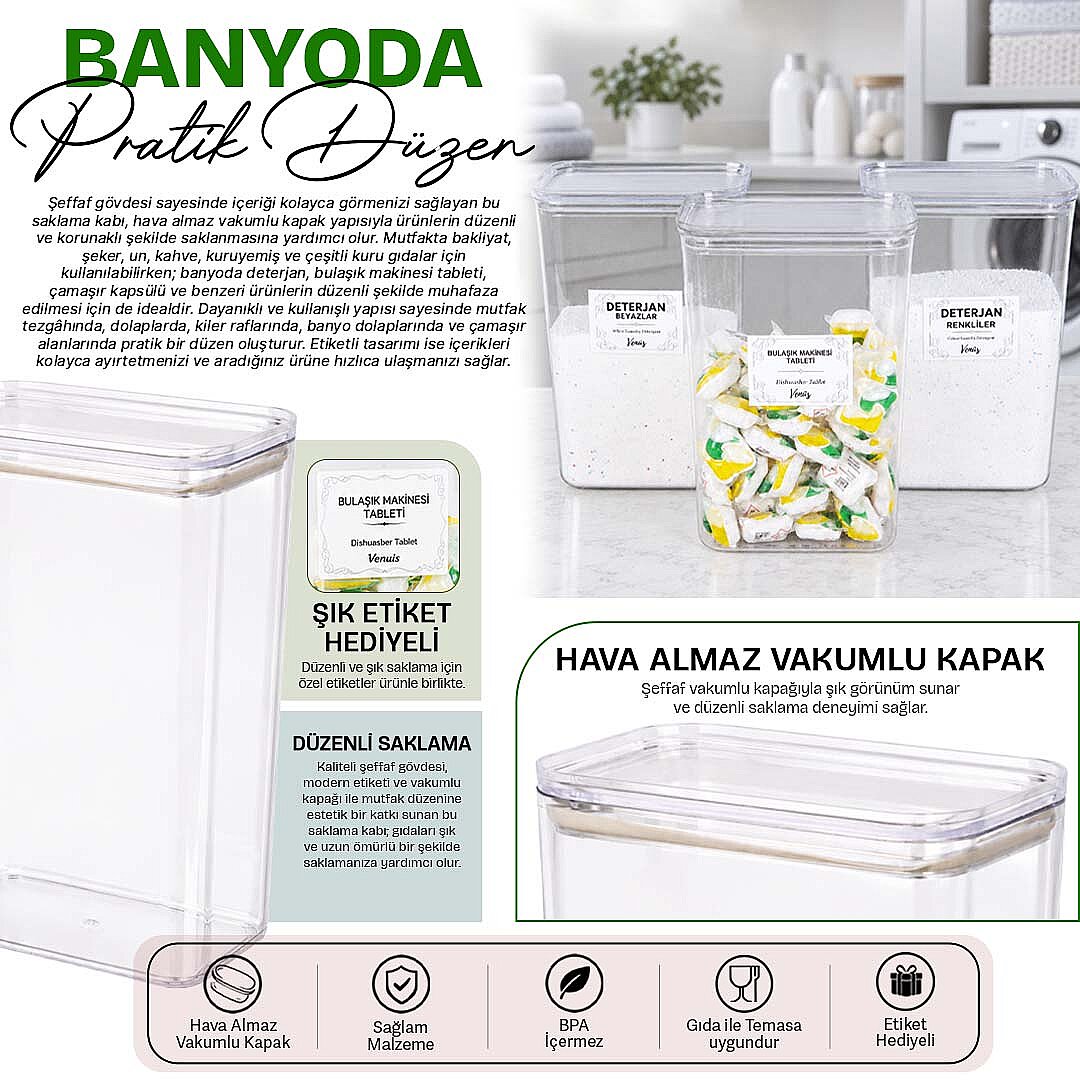 3'lü 3 Litre Vakum Kapaklı Deterjan Kutusu – Tablet Toz Deterjan Beyazlar Renkliler Etiketli Saklama Kabı - 2
