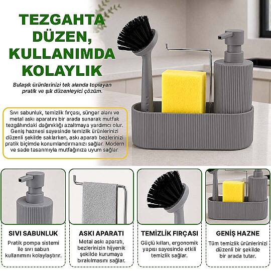 3 Fonksiyonlu Bulaşık Deterjanlığı Fırçalı Askılı Süngerlikli, Sıvı Sabunluk Deterjanlık - 2