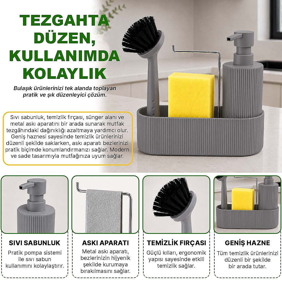 3 Fonksiyonlu Bulaşık Deterjanlığı Fırçalı Askılı Süngerlikli, Sıvı Sabunluk Deterjanlık - 2