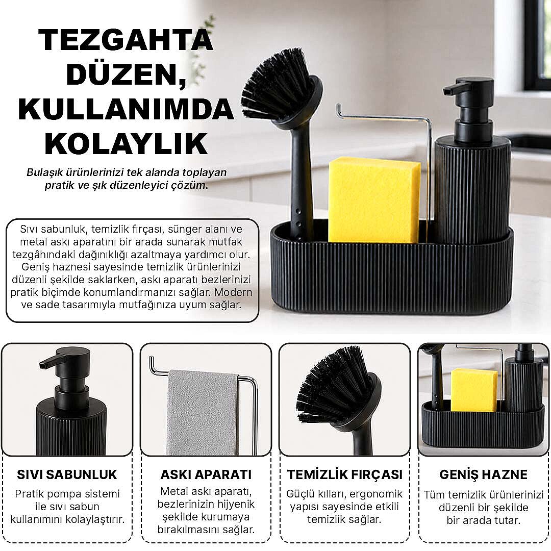 3 Fonksiyonlu Bulaşık Deterjanlığı Fırçalı Askılı Süngerlikli, Sıvı Sabunluk Deterjanlık - 2