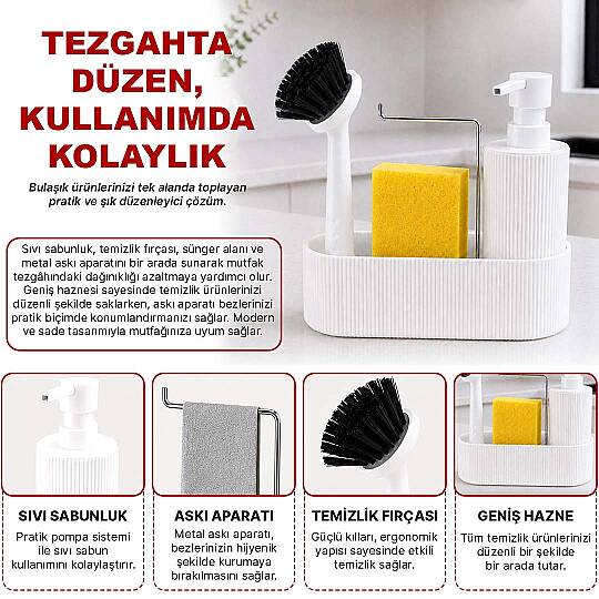3 Fonksiyonlu Bulaşık Deterjanlığı Fırçalı Askılı Süngerlikli, Sıvı Sabunluk Deterjanlık - 2