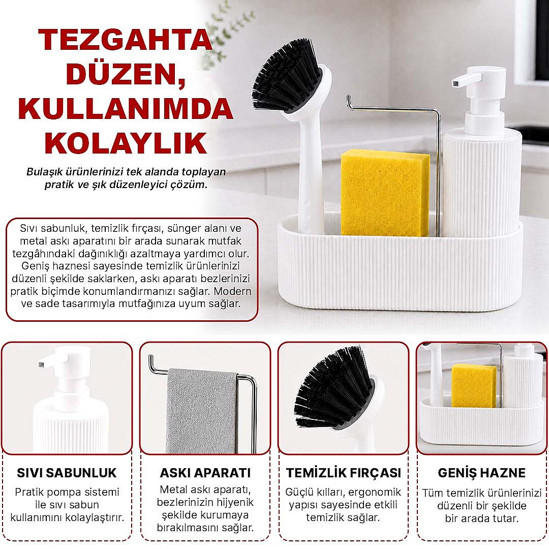 3 Fonksiyonlu Bulaşık Deterjanlığı Fırçalı Askılı Süngerlikli, Sıvı Sabunluk Deterjanlık - 2