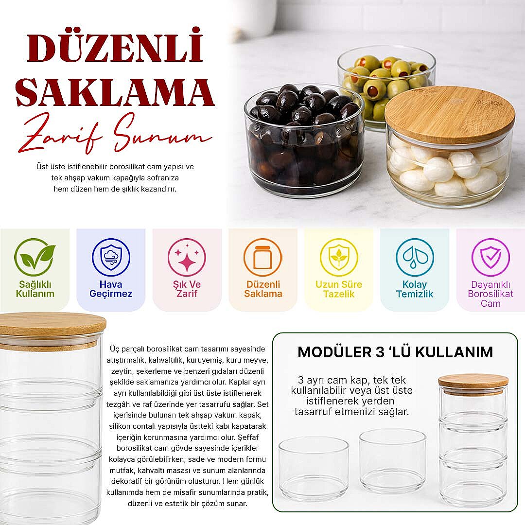 3 Katlı Cam Saklama Kabı Seti – Bambu Vakum Kapaklı Drajelik Çerezlik Şekerlik ve Kahvaltılık - 2