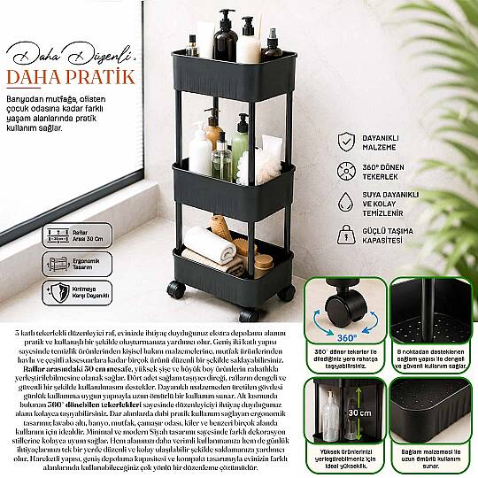 3 Katlı Tekerlekli Tezgah Altı Banyo Mutfak Rafı Dolap Düzenleyici Organizer Deterjanlık Sebzelik - 3