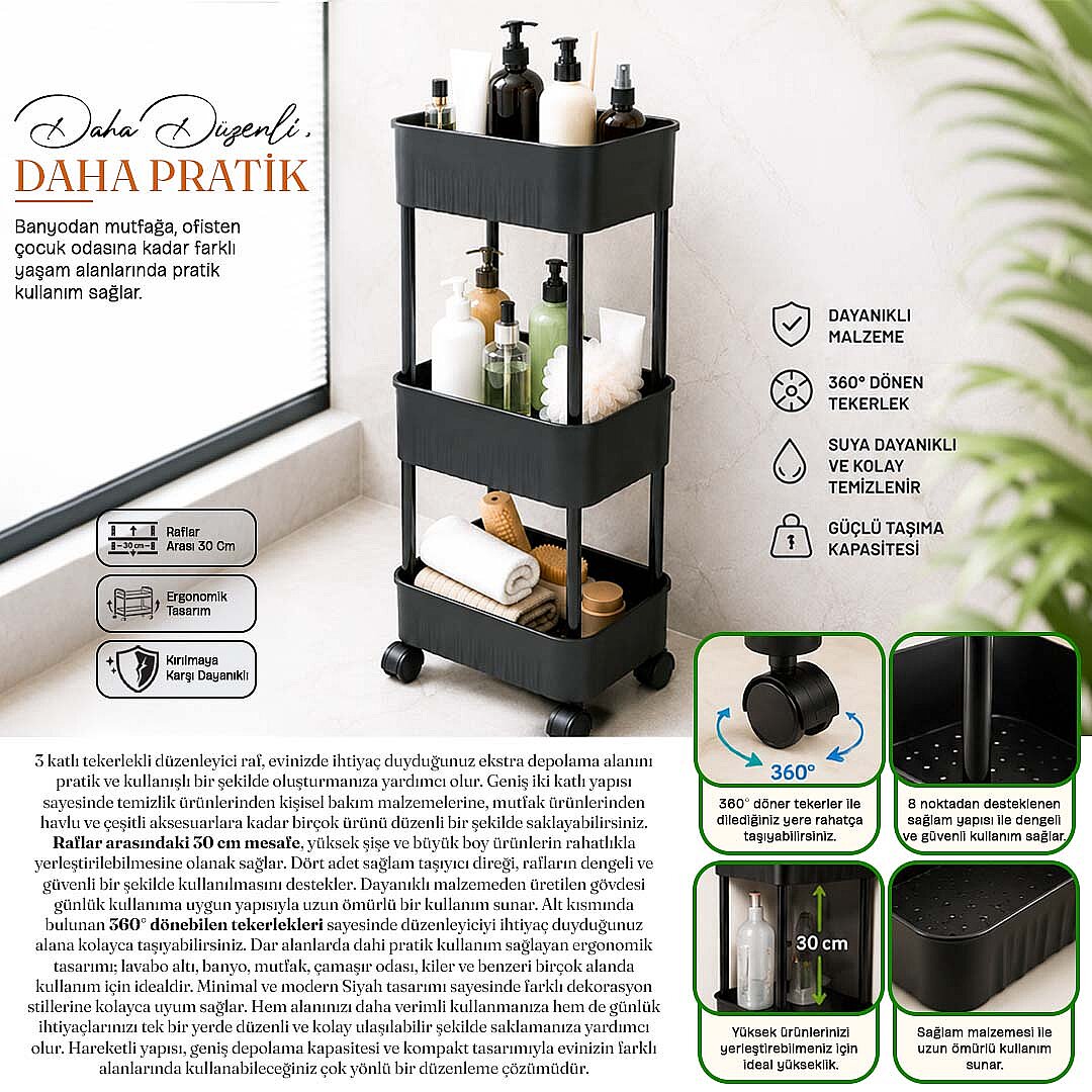 3 Katlı Tekerlekli Tezgah Altı Banyo Mutfak Rafı Dolap Düzenleyici Organizer Deterjanlık Sebzelik - 3