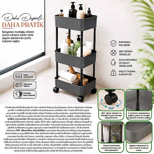 3 Katlı Tekerlekli Tezgah Altı Banyo Mutfak Rafı Dolap Düzenleyici Organizer Deterjanlık Sebzelik - 3