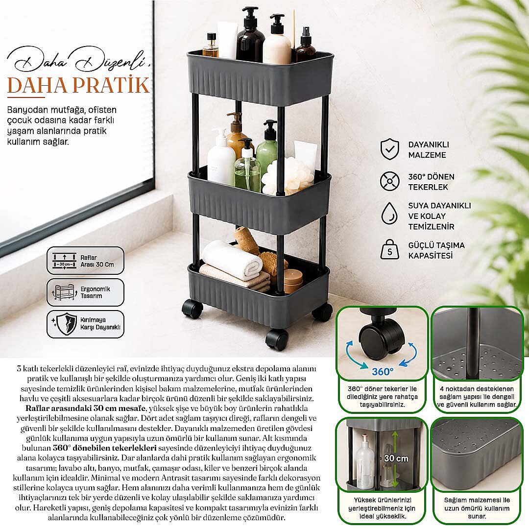 3 Katlı Tekerlekli Tezgah Altı Banyo Mutfak Rafı Dolap Düzenleyici Organizer Deterjanlık Sebzelik - 3