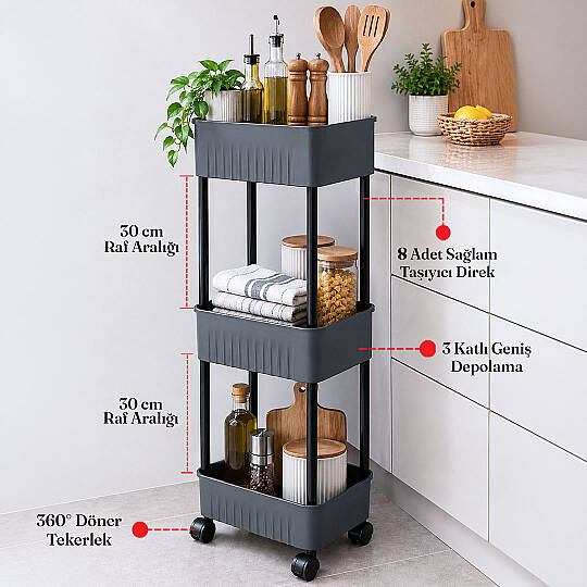 3 Katlı Tekerlekli Tezgah Altı Banyo Mutfak Rafı Dolap Düzenleyici Organizer Deterjanlık Sebzelik - 2