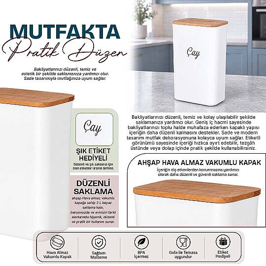 3 Lt Beyaz Akrilik Çay ve Erzak Saklama Kutusu – Ahşap Vakum Kapaklı Etiketli Saklama Kabı - 2