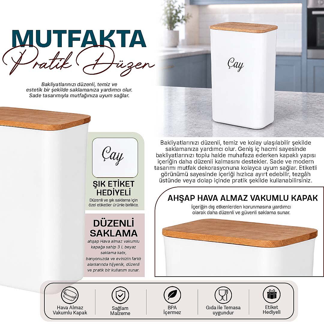 3 Lt Beyaz Akrilik Çay ve Erzak Saklama Kutusu – Ahşap Vakum Kapaklı Etiketli Saklama Kabı - 2