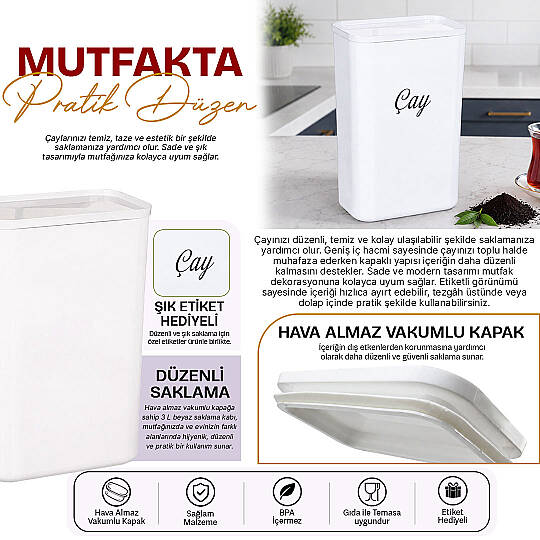 3 Lt Beyaz Akrilik Çay ve Erzak Saklama Kutusu – Vakum Kapaklı Etiketli Saklama Kabı - 2
