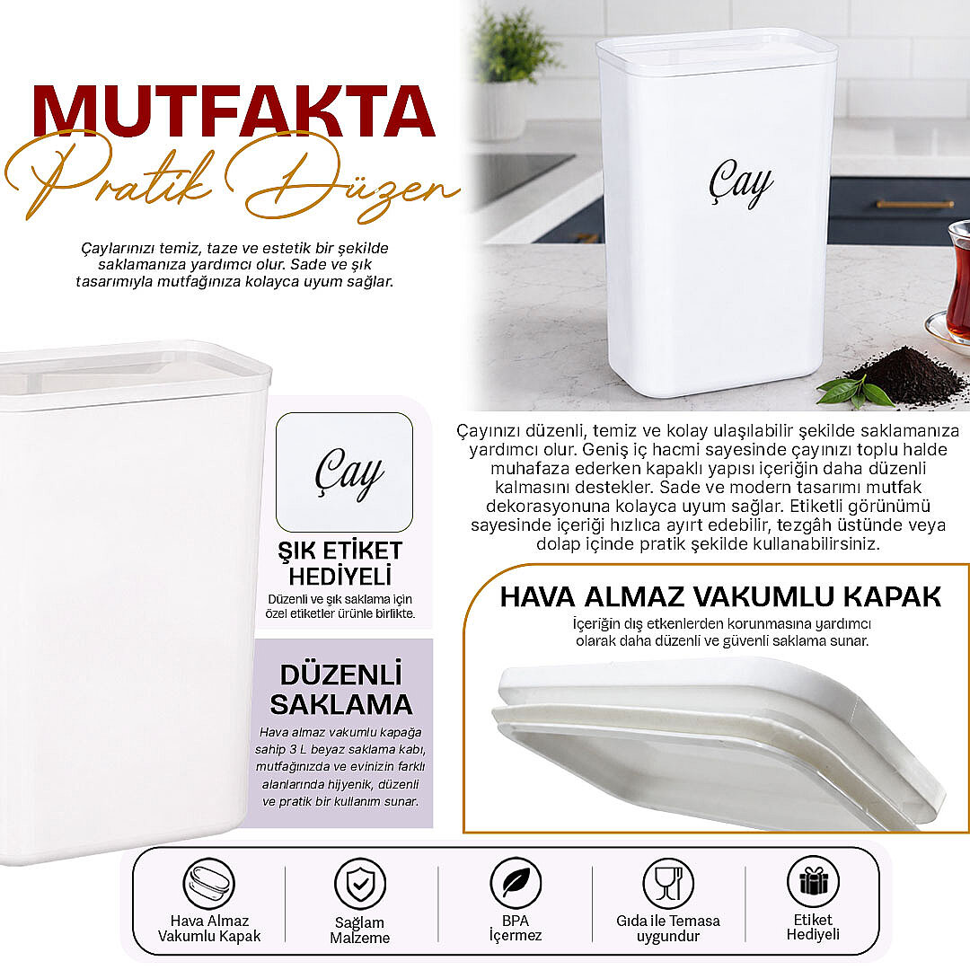 3 Lt Beyaz Akrilik Çay ve Erzak Saklama Kutusu – Vakum Kapaklı Etiketli Saklama Kabı - 2