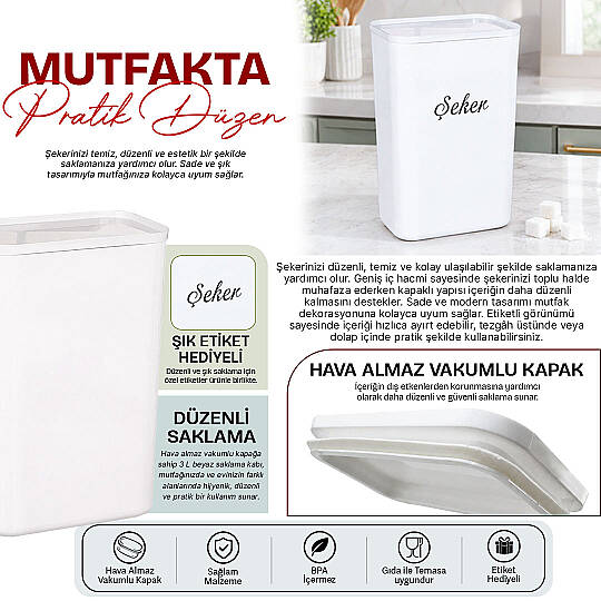 3 Lt Beyaz Akrilik Şeker ve Erzak Saklama Kutusu – Vakum Kapaklı Etiketli Saklama Kabı - 2