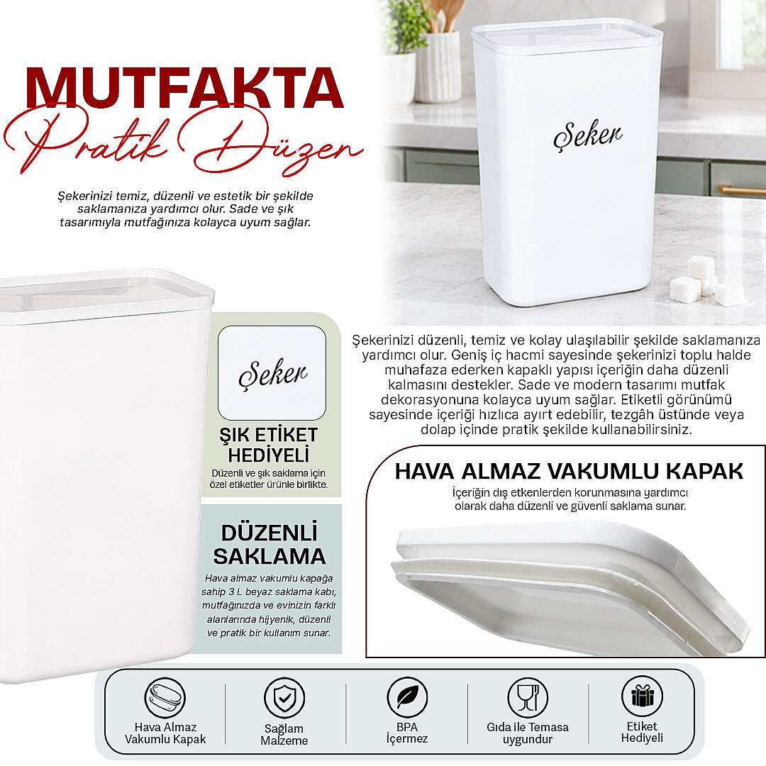 3 Lt Beyaz Akrilik Şeker ve Erzak Saklama Kutusu – Vakum Kapaklı Etiketli Saklama Kabı - 2