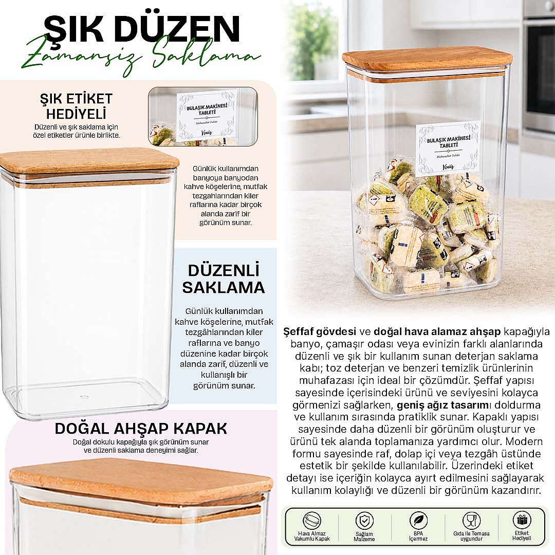 3 Lt Doğal Ahşap Vakum Kapaklı Tablet Deterjan Kutusu – Bulaşık Makinesi Tableti Saklama Kabı - 2