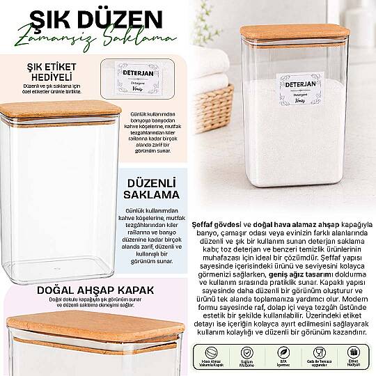 3 Lt Doğal Ahşap Vakum Kapaklı Toz Deterjan Kutusu – Büyük Boy Deterjan Saklama Kabı Banyo Organizeri - 2