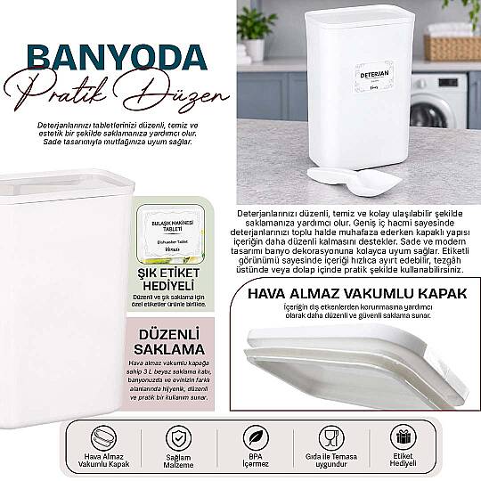 3 Lt Ölçekli Beyaz Akrilik Toz Deterjan Kutusu – Vakum Kapaklı Deterjan Saklama ve Düzenleyici Kutu - 2
